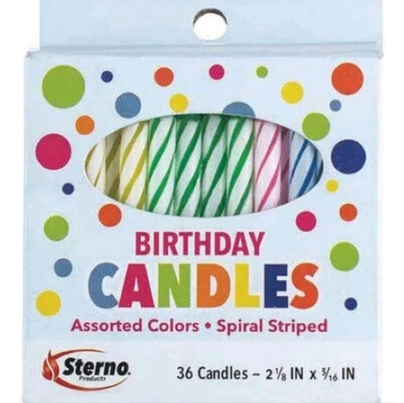 NIB Sterno Birthday candles, bulk 12/36 count boxes, multi-color spiral striped - Picture 8 of 12